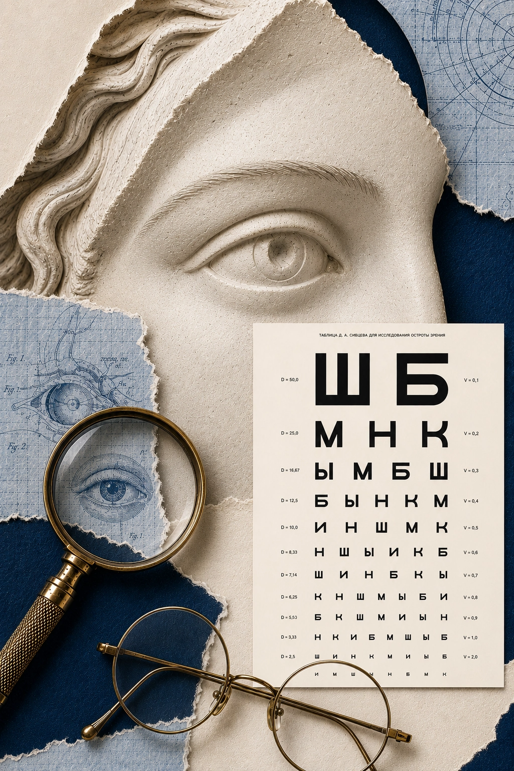 Редакционный офтальмологический коллаж с глазом, очками, линзой и таблицей Сивцева